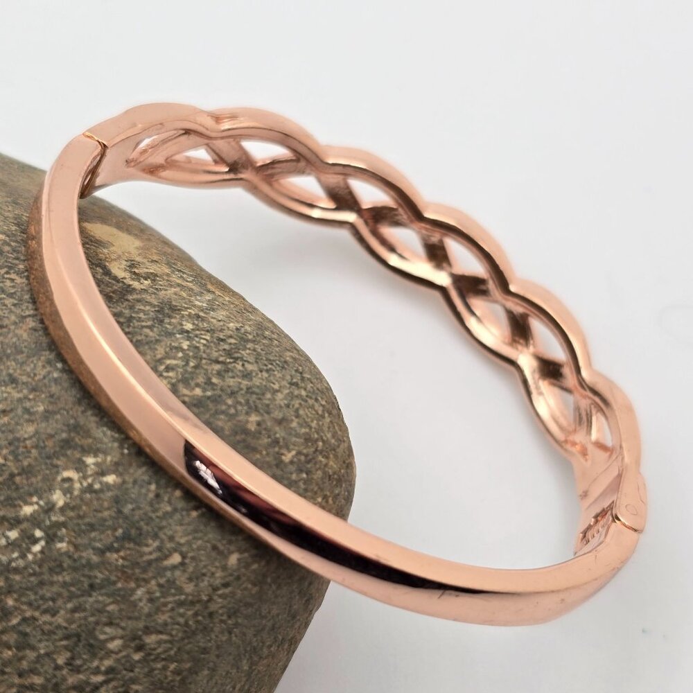 Rose Gold‑Tone Braided Hinged Bracelet 6.75" Rhinestone Accents Layered Design - Picture 3 of 6